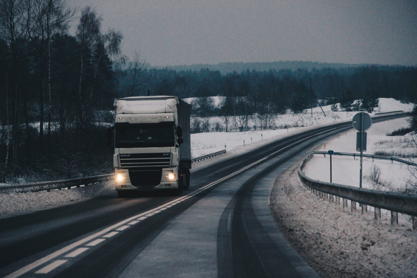 DAF truck on the road in winter